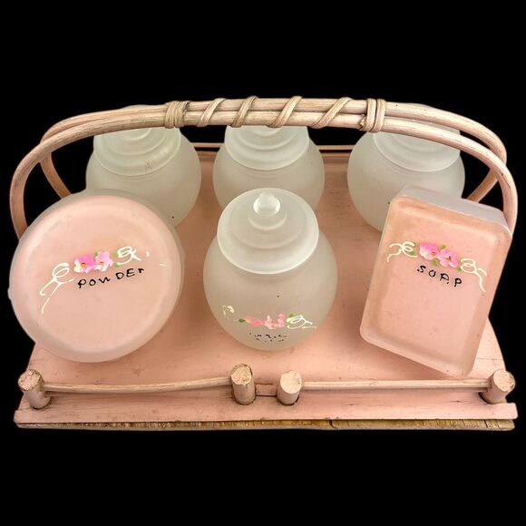 40's Frosted Glass Pink Floral Apothecary Jar Container Vintage 7pc Nursery Set - Picture 5 of 12
